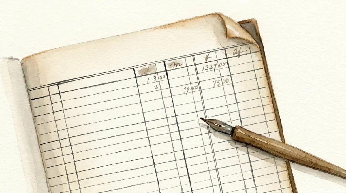 Watercolor study of an open accounting ledger with columnar ruled lines and a pen resting across the page