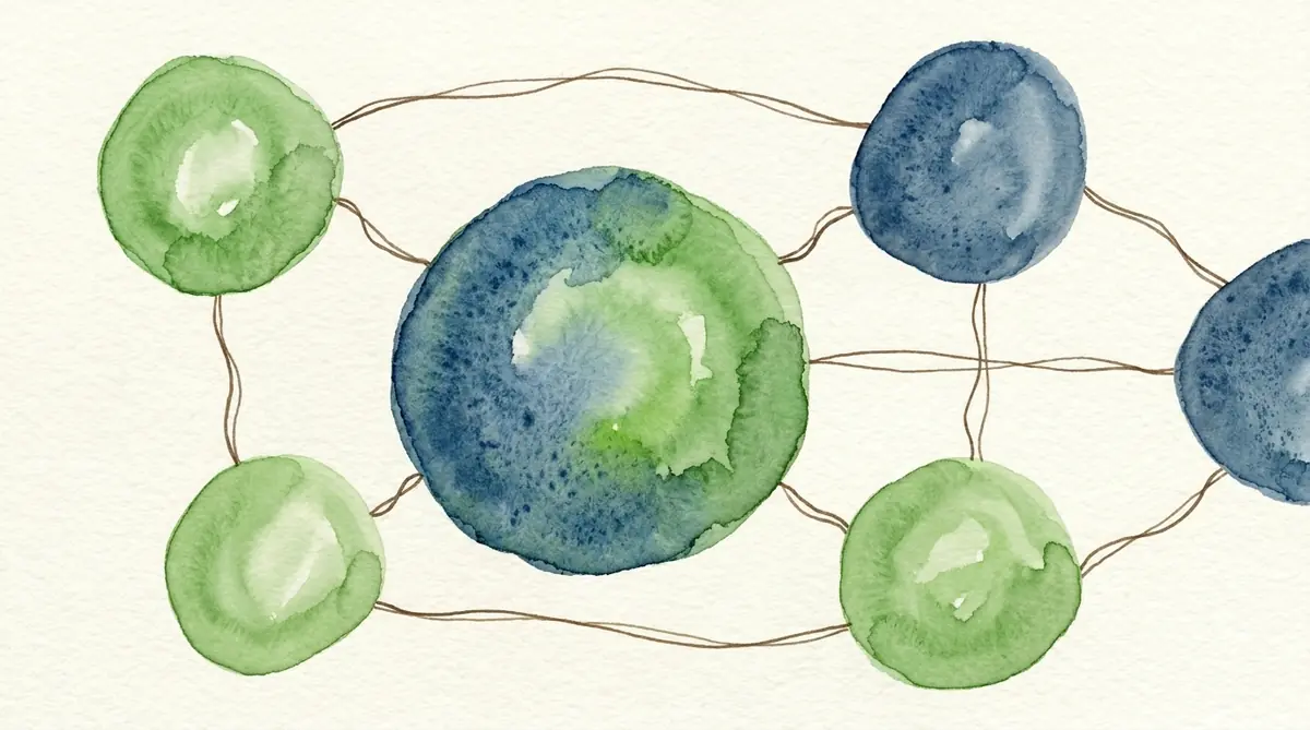 Watercolor network of rounded stones connected by hand-drawn lines, representing multi-party task force coordination
